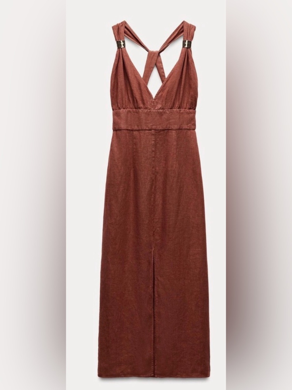 Zara Sleeveless Rust Maxi Dress with Crisscross Back/ 100 % Linen/ Size Medium
